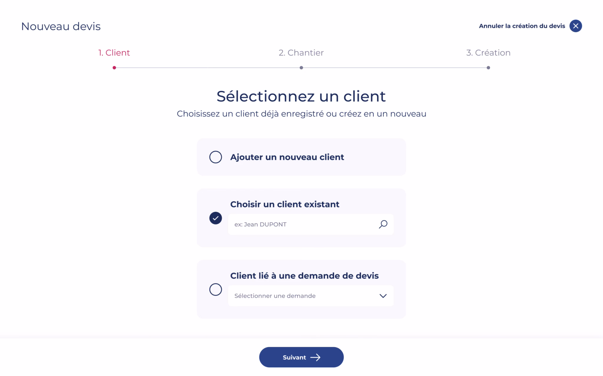 Assistant de création d’un devis dans Accès SAP, étape de sélection du client