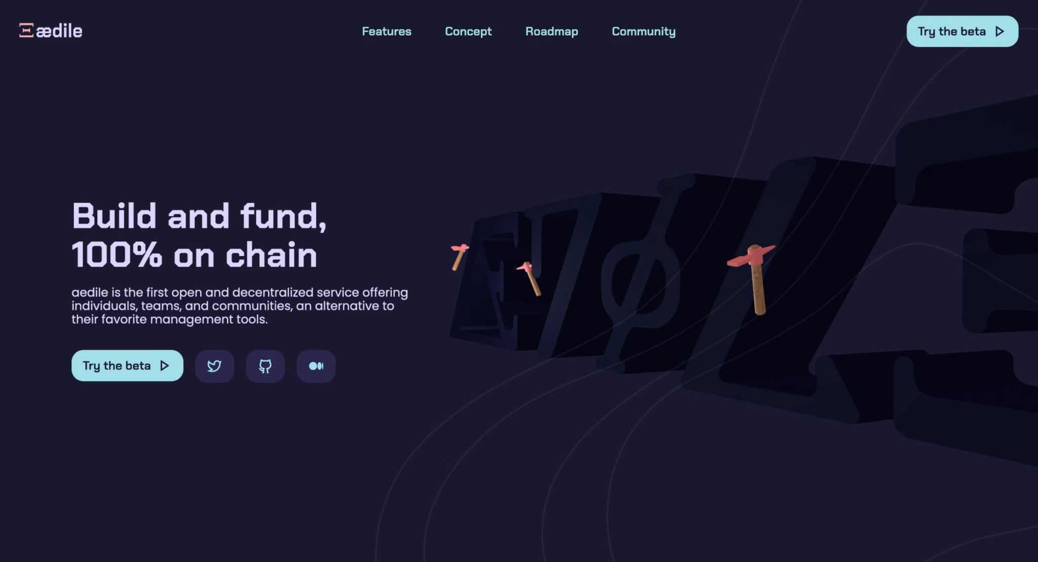 Page d'accueil d'Aedile, avec l'accroche « Build and fund, 100% on chain »