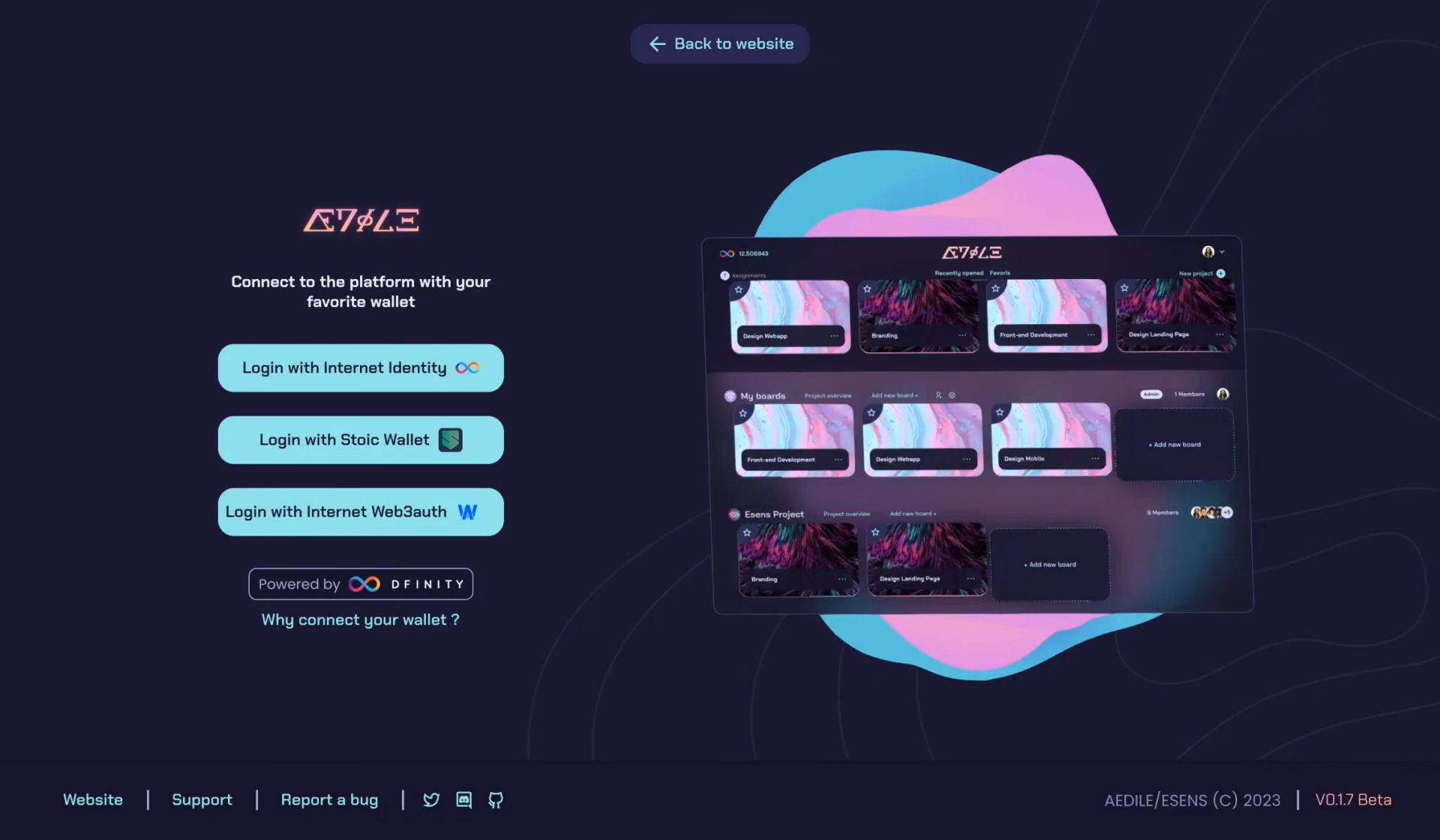 Écran de connexion au portefeuille crypto sur la plateforme Aedile