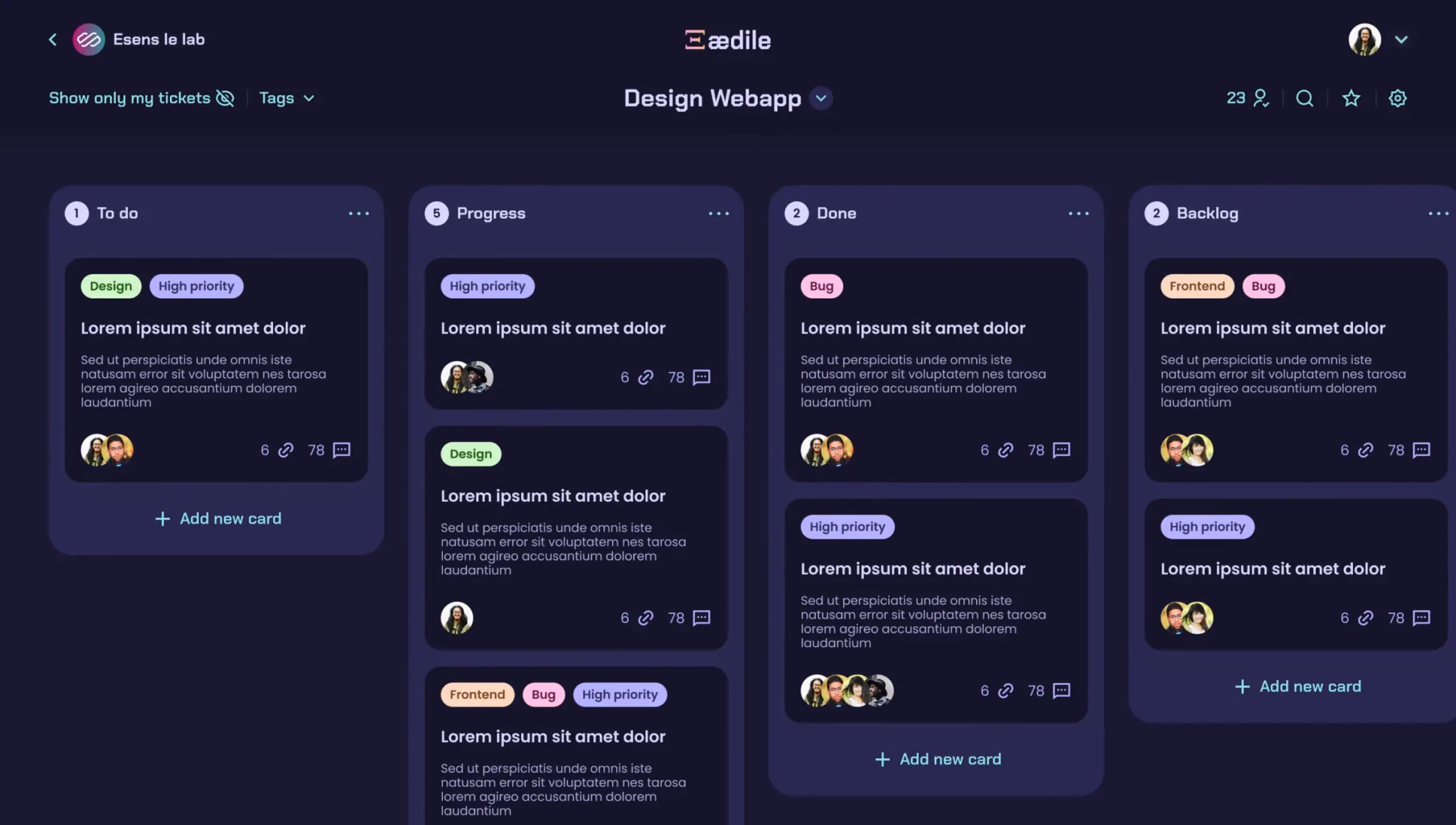 Tableau kanban d’un projet, avec ses colonnes et cartes de tâches, dans Aedile