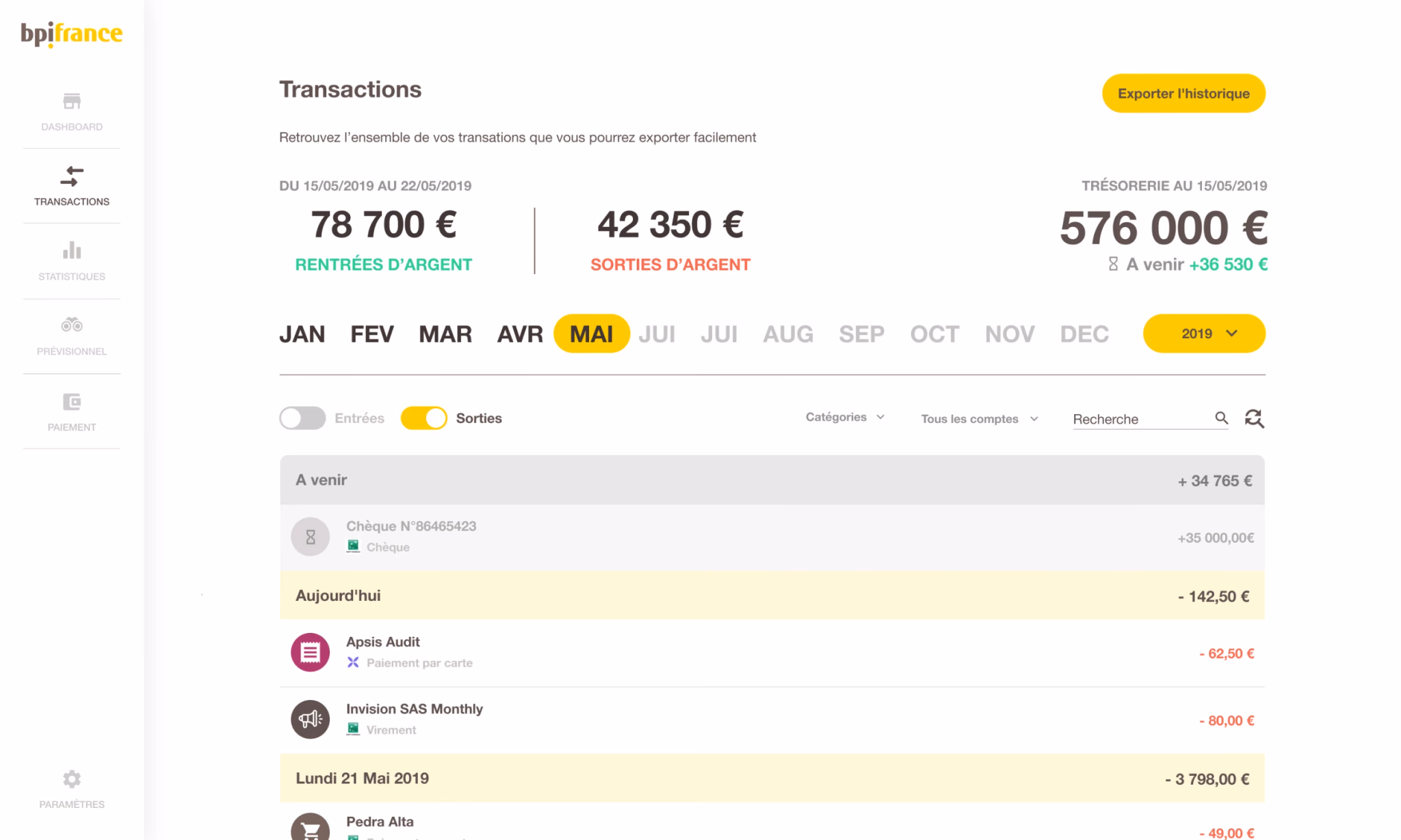 Liste des transactions bancaires sur Ma Treso, filtrée par mois
