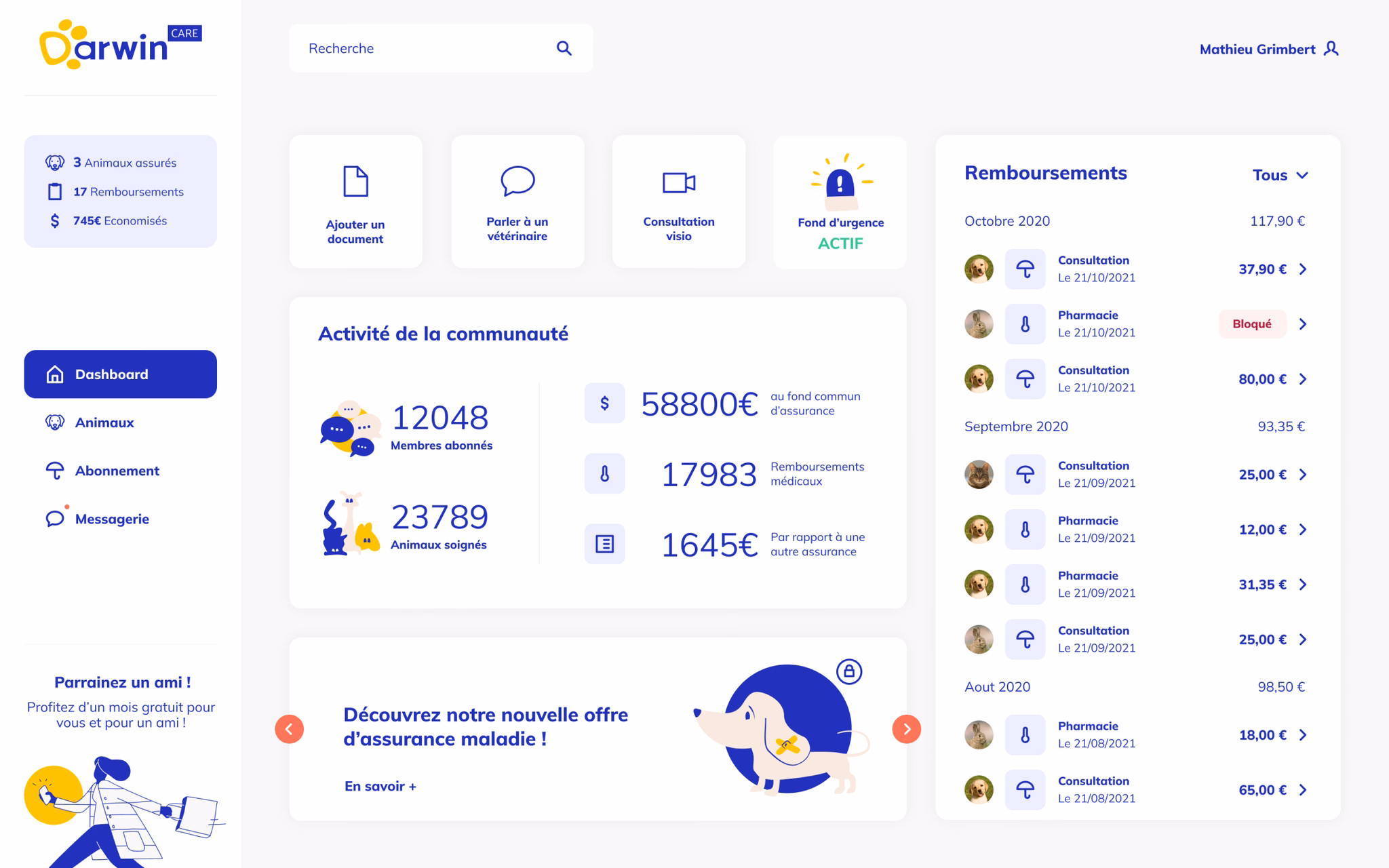 Tableau de bord de Darwin Care, avec les animaux assurés, les remboursements et l'activité de la communauté