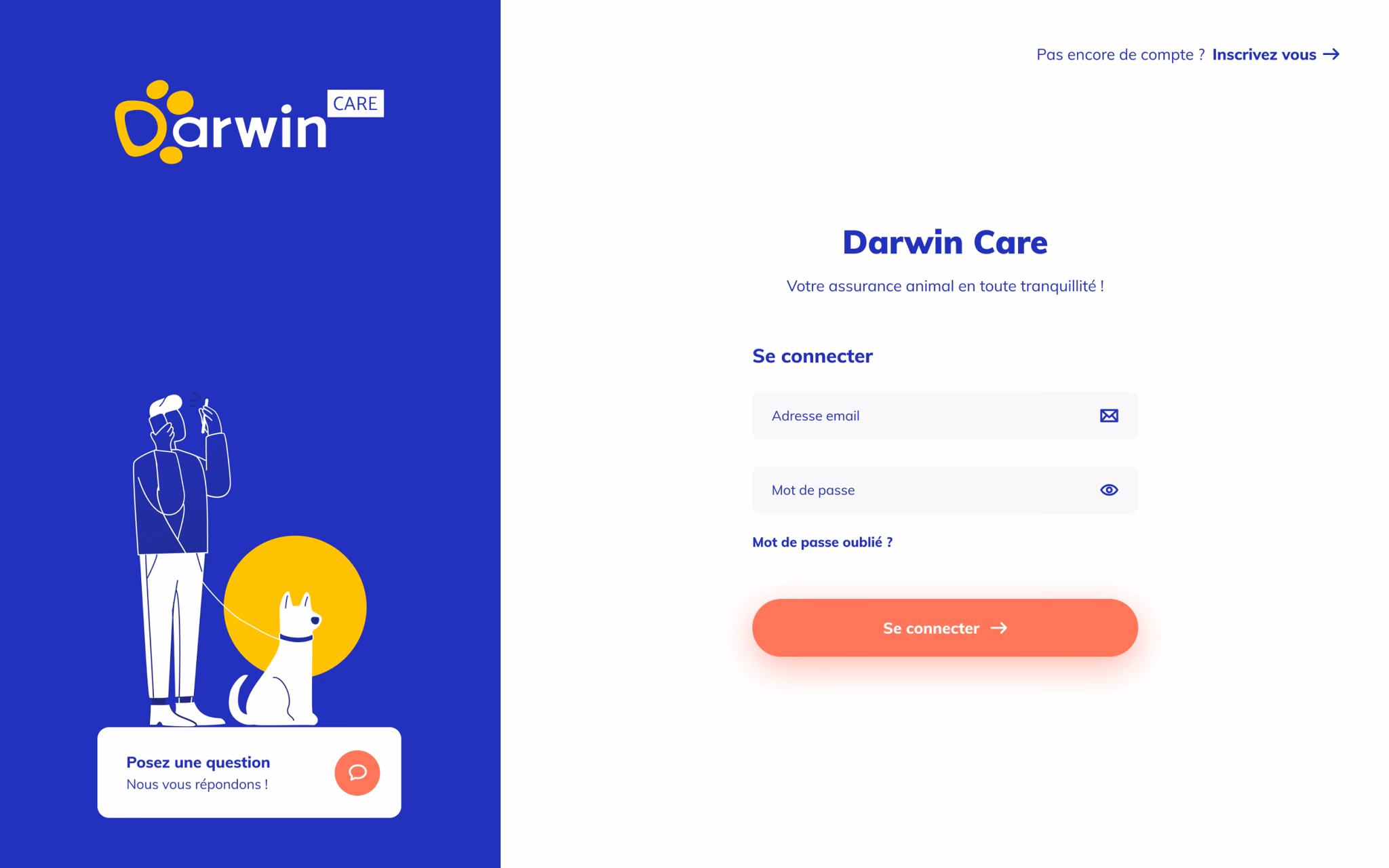 Écran de connexion à Darwin Care, avec son formulaire et sa promesse d'assurance sans tracas