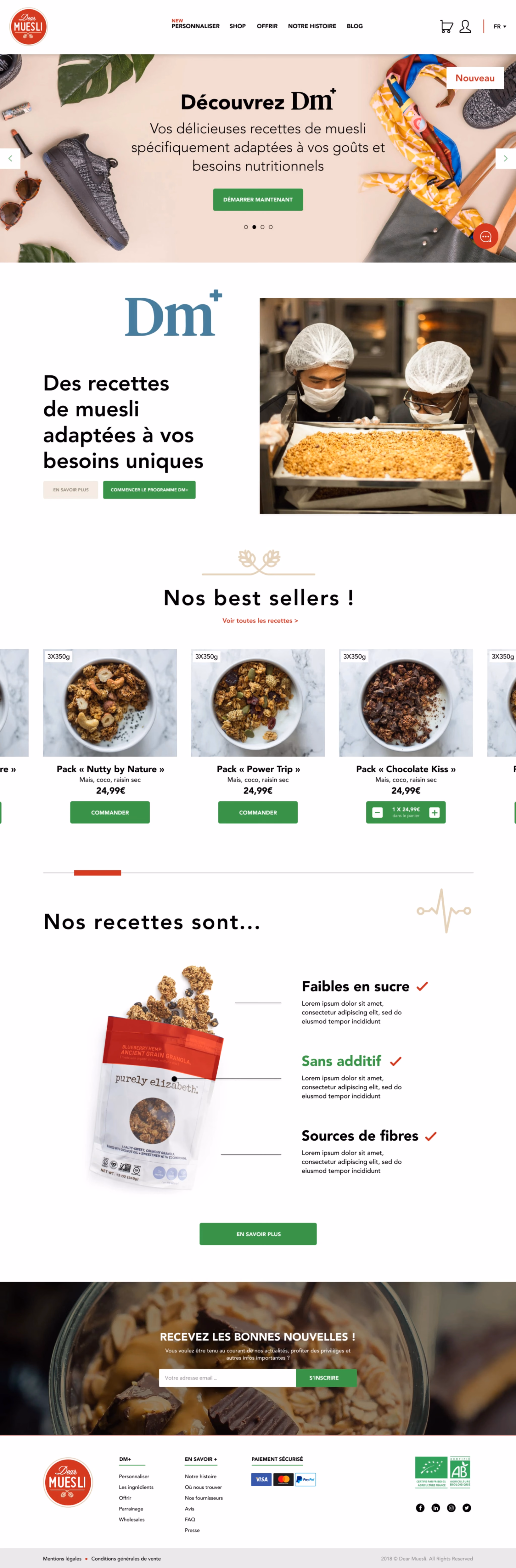Page d'accueil du site Dear Muesli, avec le programme Dm+ et les meilleures ventes
