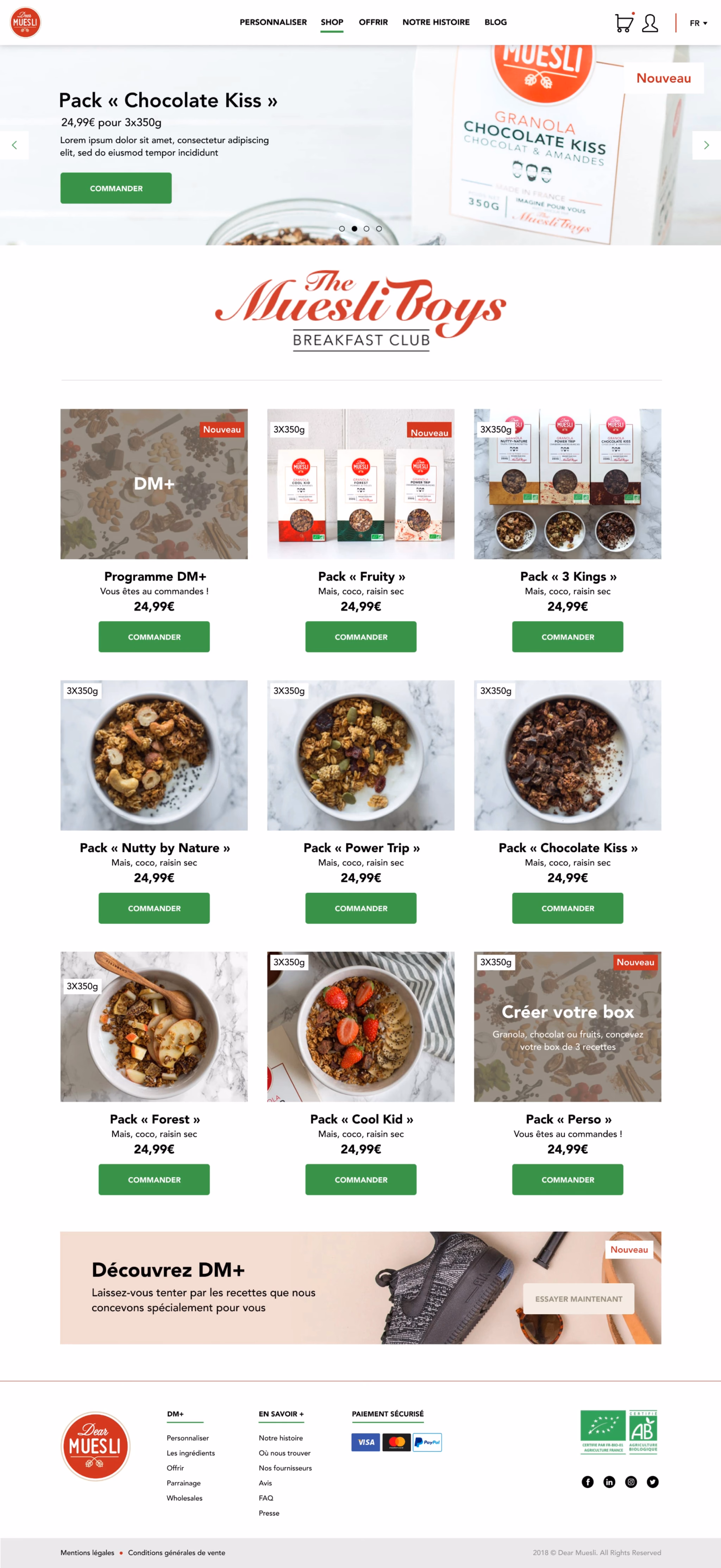 Page boutique de Dear Muesli, avec la grille des packs de muesli