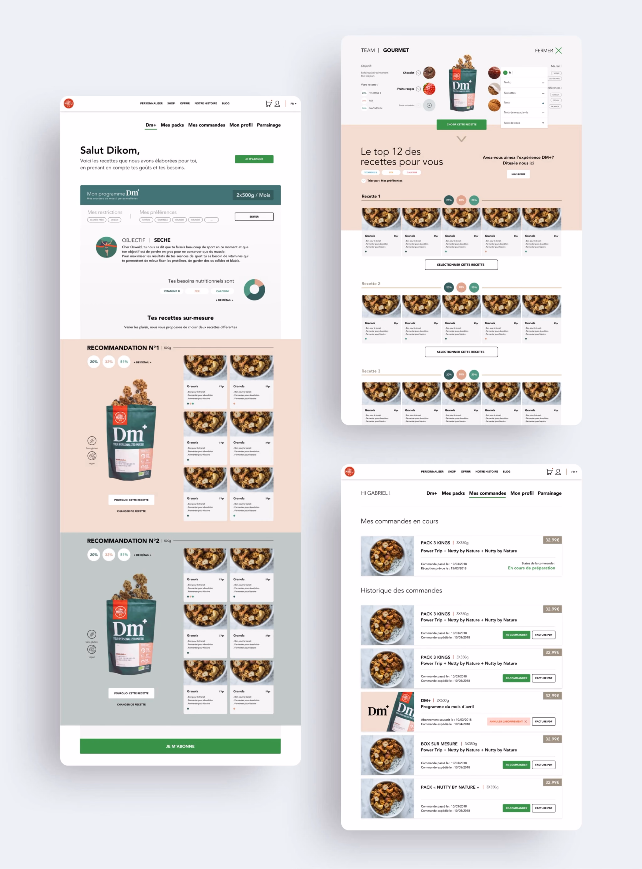 Recommandations personnalisées Dm+ et historique de commandes sur Dear Muesli