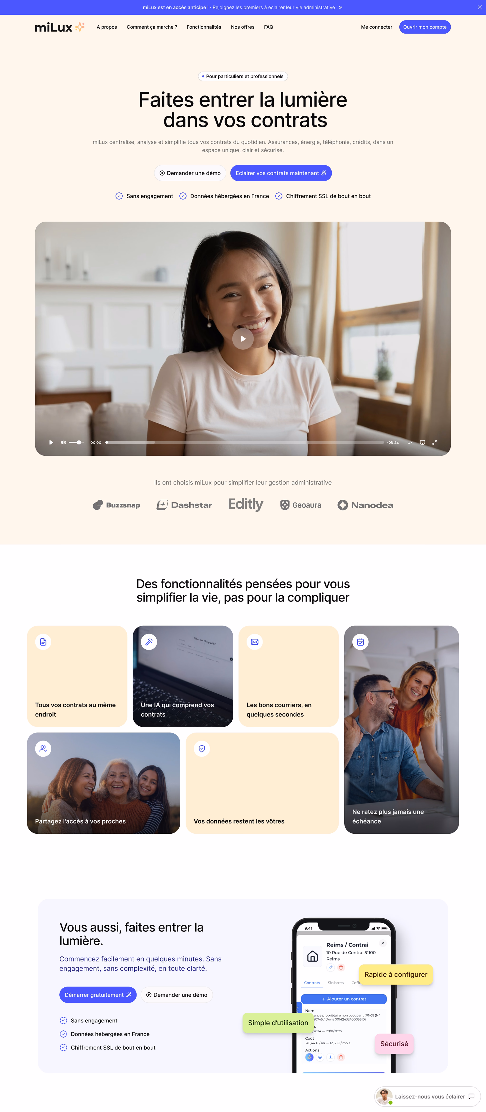Page d'accueil de miLux, avec l'accroche « Faites entrer la lumière dans vos contrats », les fonctionnalités clés et un aperçu de l'application mobile