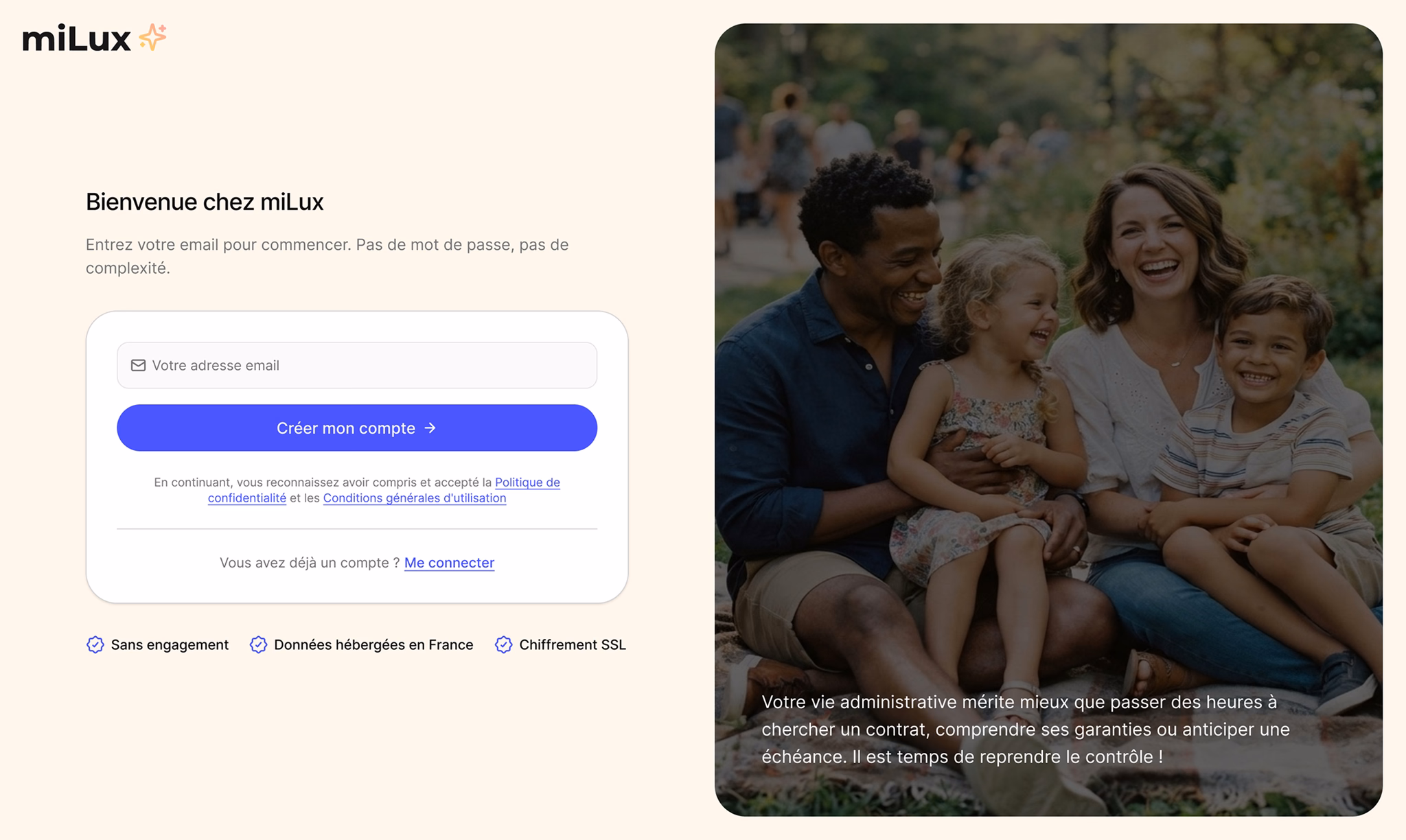 Écran d’inscription à miLux, avec la connexion par email uniquement, sans mot de passe