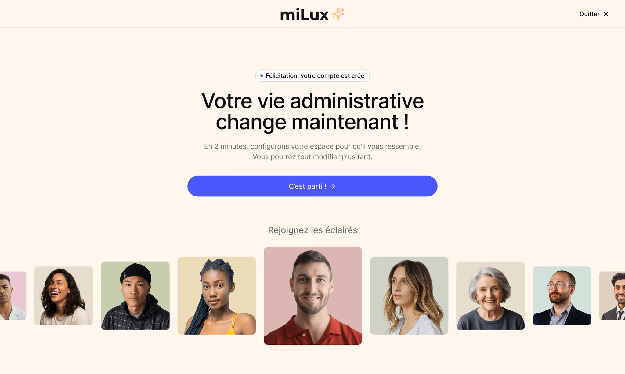 Écran de bienvenue après la création d'un compte miLux, avec le bouton de démarrage de l'onboarding et les avatars des utilisateurs