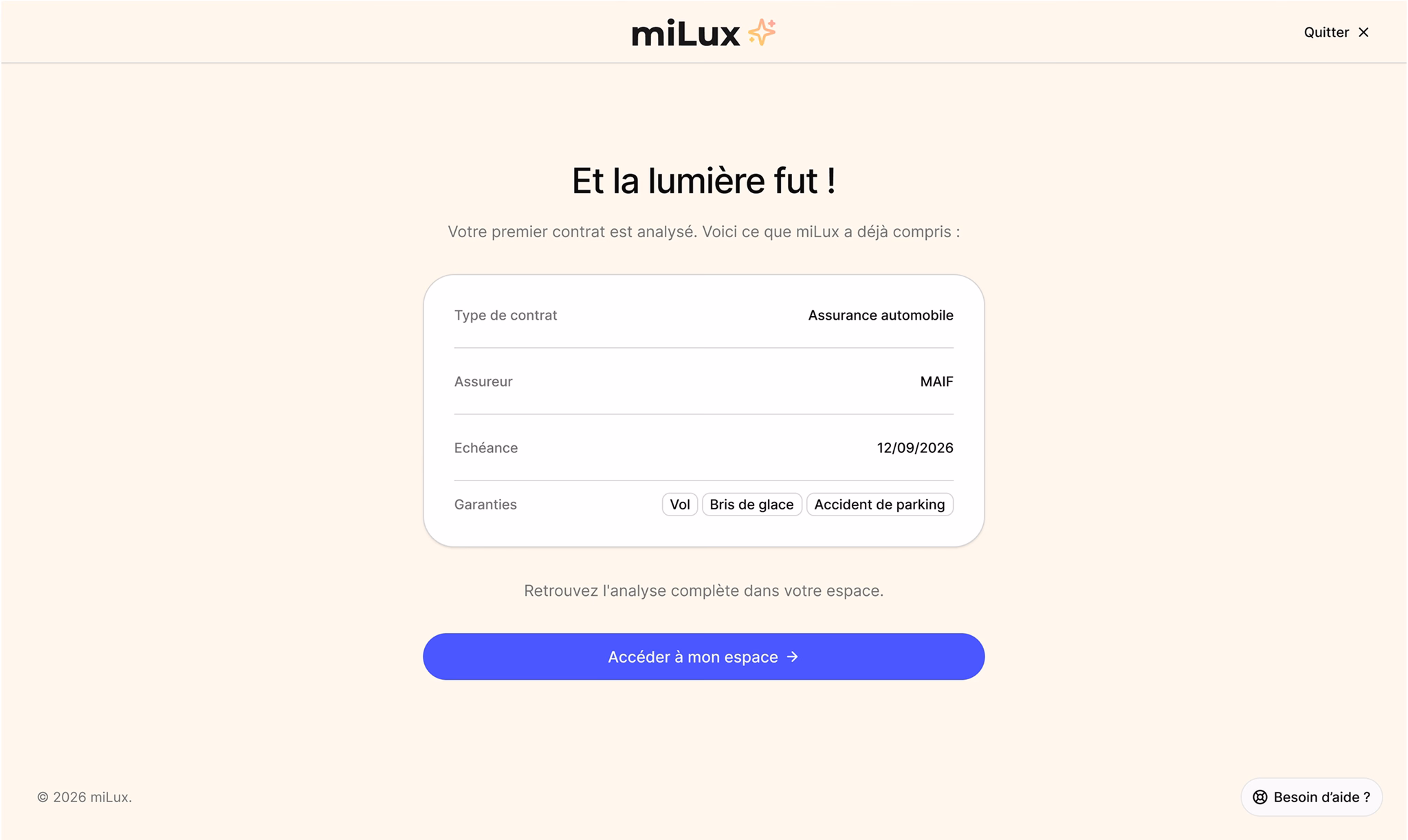 Résultat de l’analyse d’un premier contrat par miLux, avec son type, son assureur, son échéance et ses garanties détectées