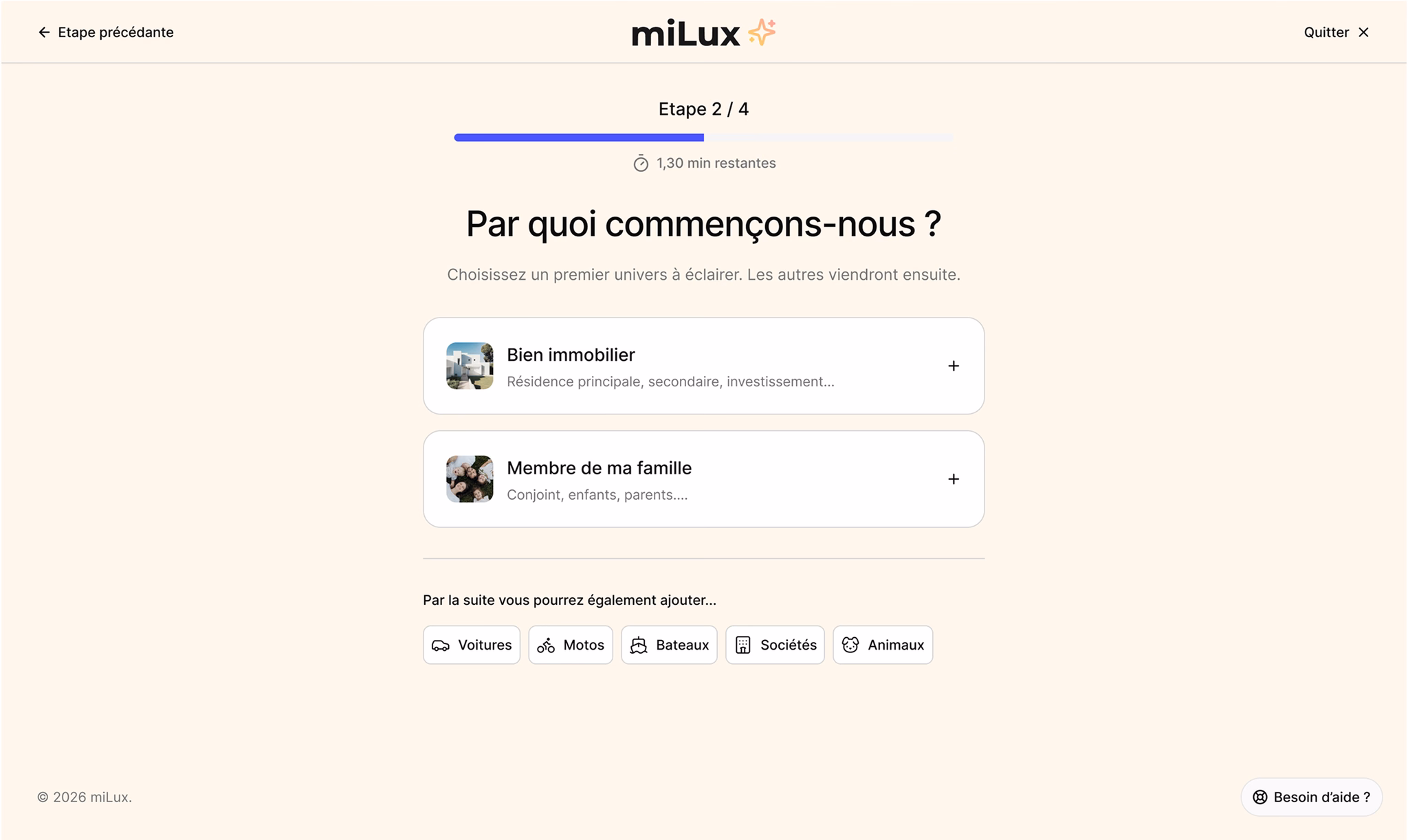 Étape de l’onboarding miLux, choix du premier domaine de vie à renseigner : bien immobilier ou famille