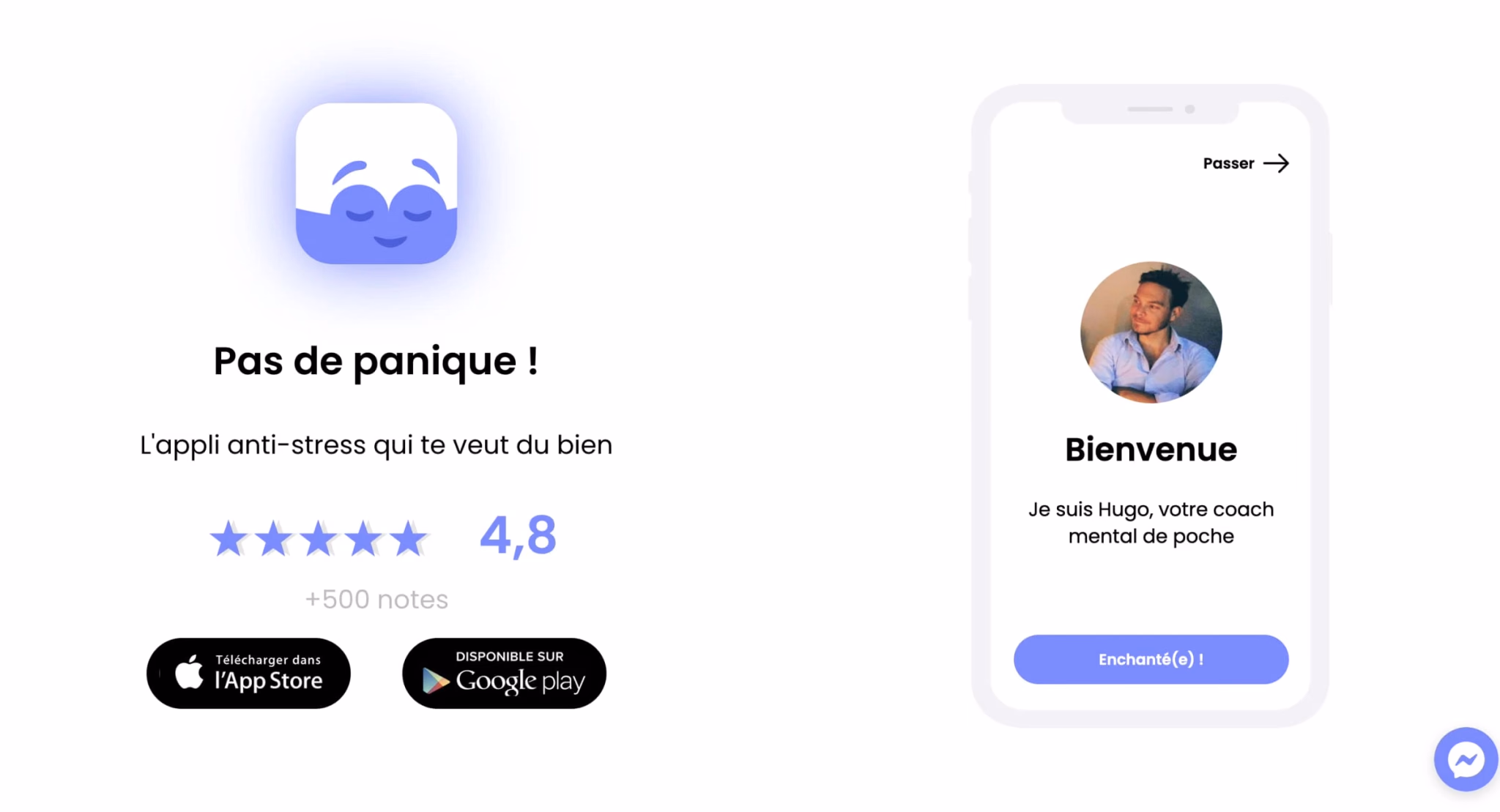 Page de présentation de l'application Pas de Panique, avec sa note et son écran d'accueil