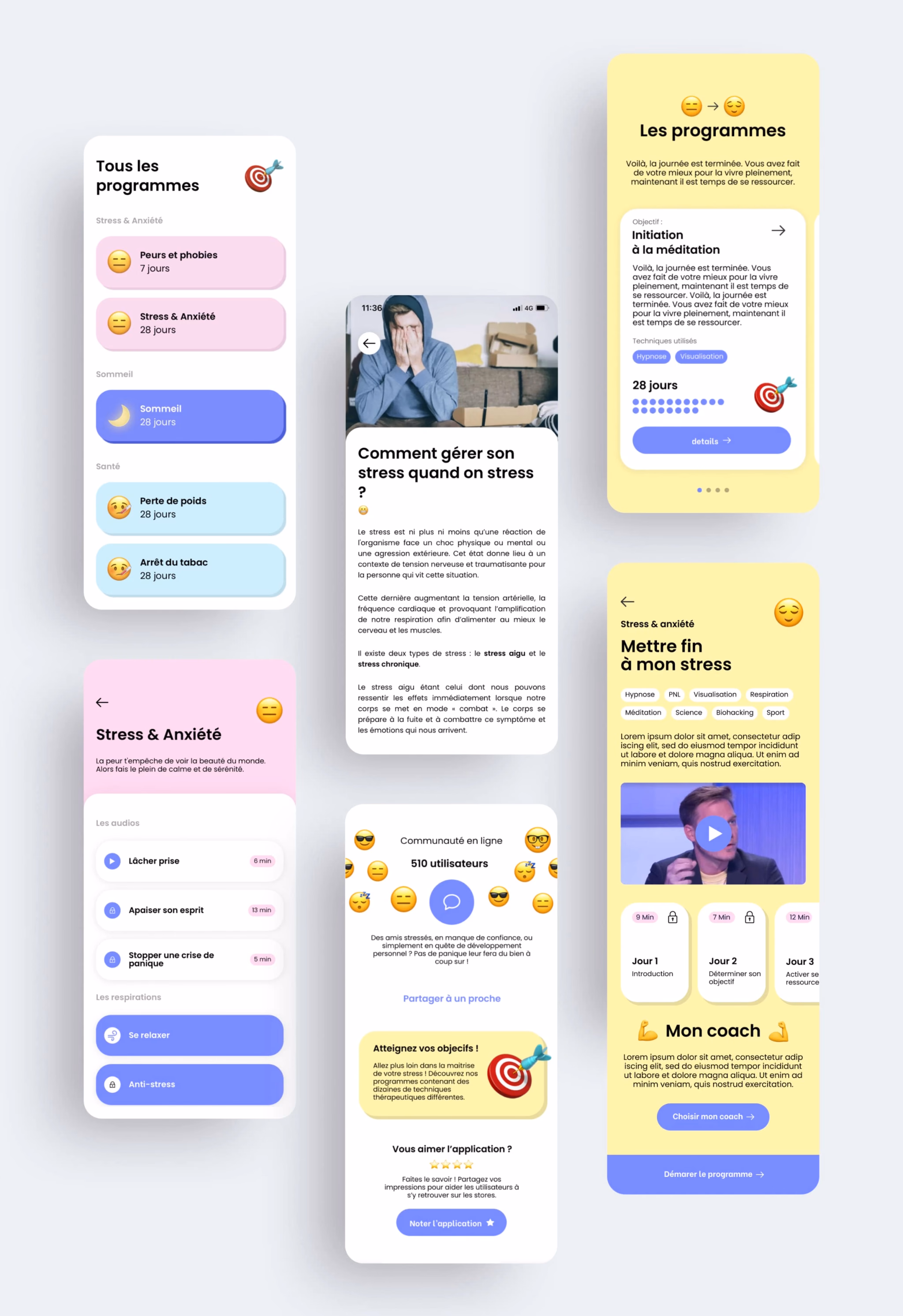 Écrans de programmes, article de blog et espace communauté dans l’application Pas de Panique